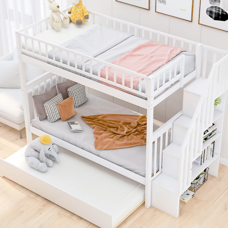 Lit simple au-dessus d'un lit superposé blanc avec rangement pratique et lit gigogne - pin de qualité, capacité de 300 lb chacune