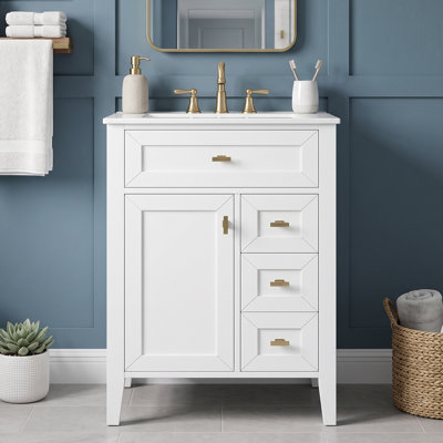 Meuble-lavabo autoportant 24 po en bois d'hévéa + panneau de fibres à densité moyenne avec lavabo intégré en céramique, meuble de salle de bain blanc avec support de porte à 2 niveaux, charnières et glissières à fermeture en douceur, tiroir et poignées rabattables