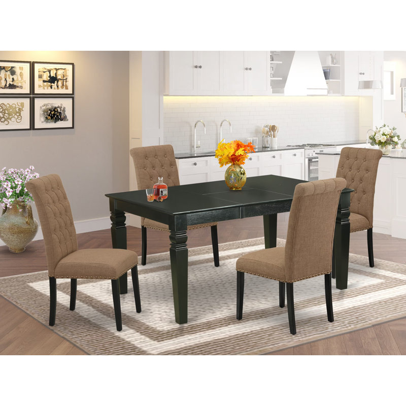 Ensemble de table de salle à manger 5 pièces moderne comprenant une table rectangulaire en bois avec feuille papillon et 4 chaises Parson en tissu de lin sable, noir