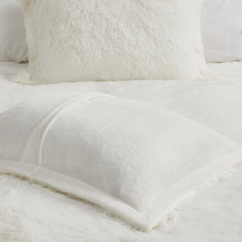 Malea Shaggy Faux Fur Ultra-Soft Duvet Cover Set, Full/Queen Duvet Cover + 2 Standard Shams, Ivory