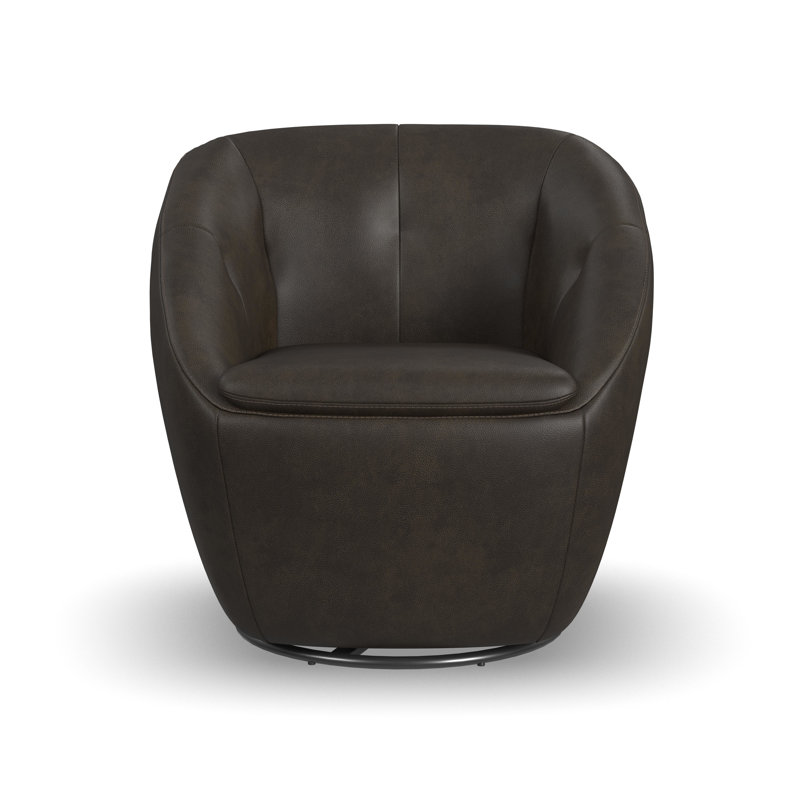 Mechtildis Upholstered Swivel Barrel Chair, Dark Brown Leather Match