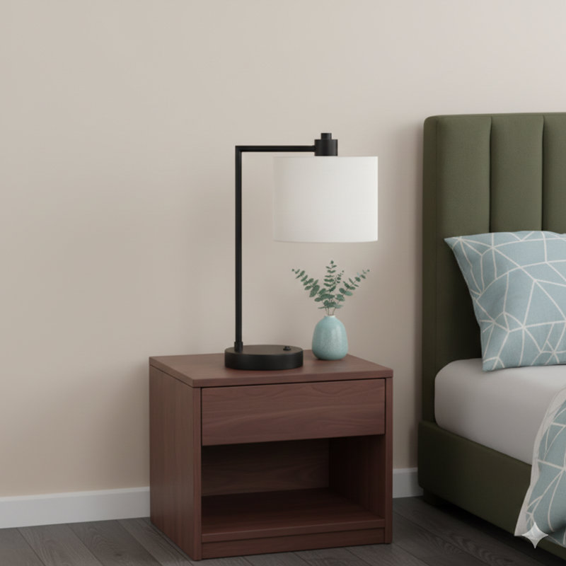 Lighting, H 19 po, lampe de table, port USB inclus, métal noir, abat-jour ivoire / crème, moderne