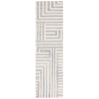 Nedin Hand Tufted Pet Yarn/Wool/Cotton Striped Rug in Blue/Ivory