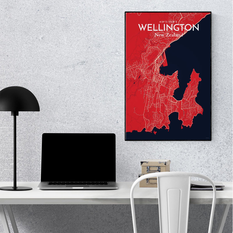Wellington, carte de la ville, impression, H 36 po x l 24 po, Rouge / bleu marine