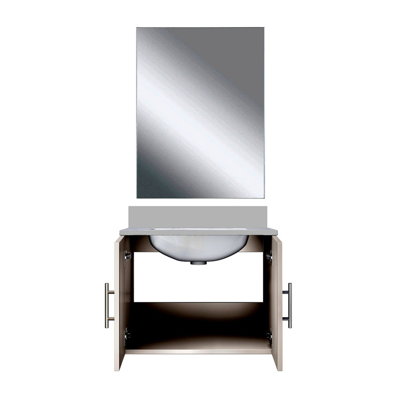 Meuble-lavabo simple 24 po X P 22 po P, comptoir en quartz et Miroir, Blanc lustré, Blanc lustré