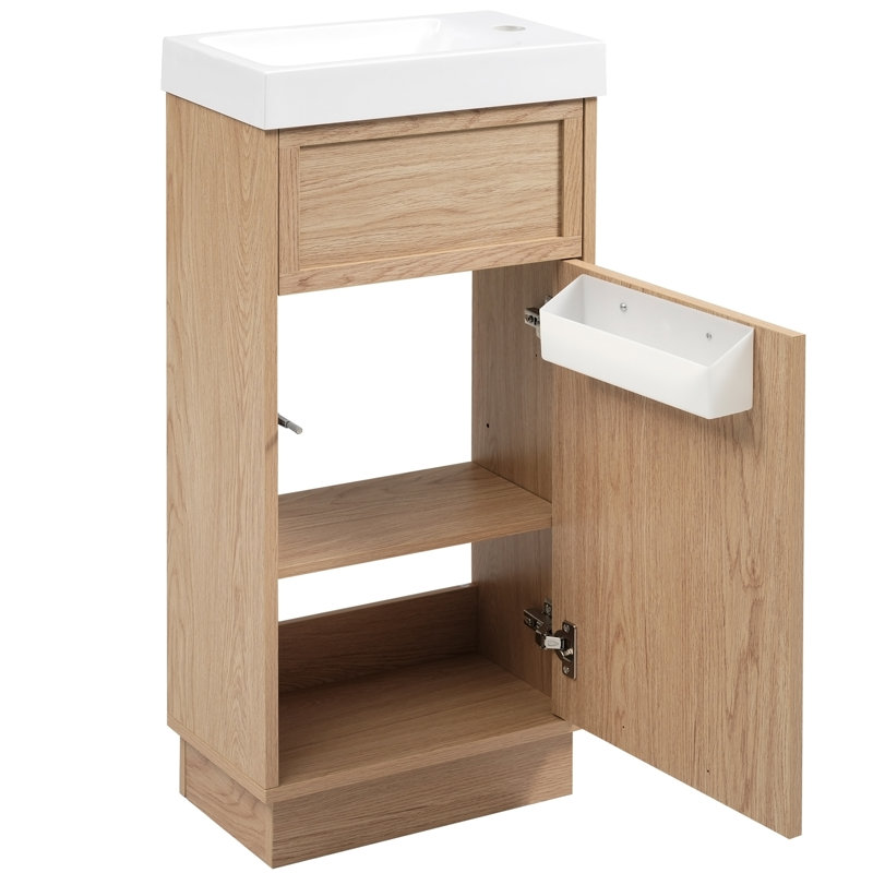 Meuble-lavabo de 15,75 po avec lavabo réversible en résine, armoire en panneau de fibres à densité moyenne avec tablette réglable et porte à pousser, finition en mélamine grain de bois, porte réversible, style rustique pour petits espaces