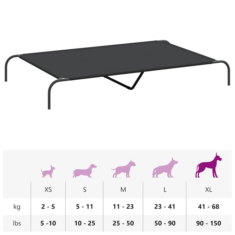  Lit pour chien surélevé tissu Oxford noir et acier thermolaqué, H 7,9 po x l 59,1 po x P 35,4 po, Noir