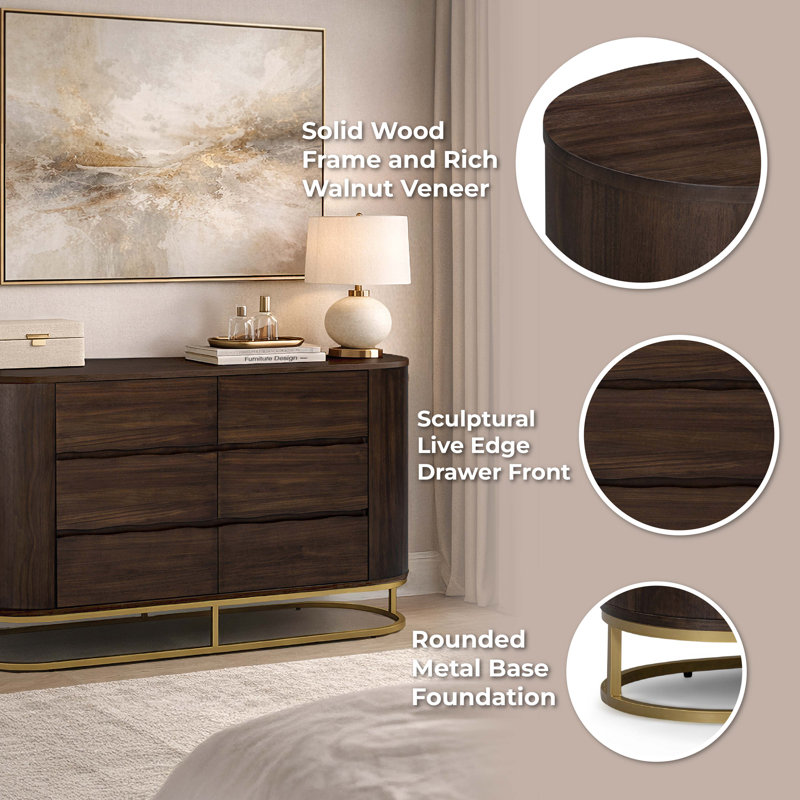 Seneca Modern Solid Wood Sideboard with Push-Open Doors, Live Edge Drawer Fronts, and Spacious Storage, Walnut