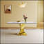 Table de salle à manger rectangulaire de 71 pouces pour 6 à 8 personnes, table de cuisine moderne avec base de sablier plaquée or élégante, grande et élégante