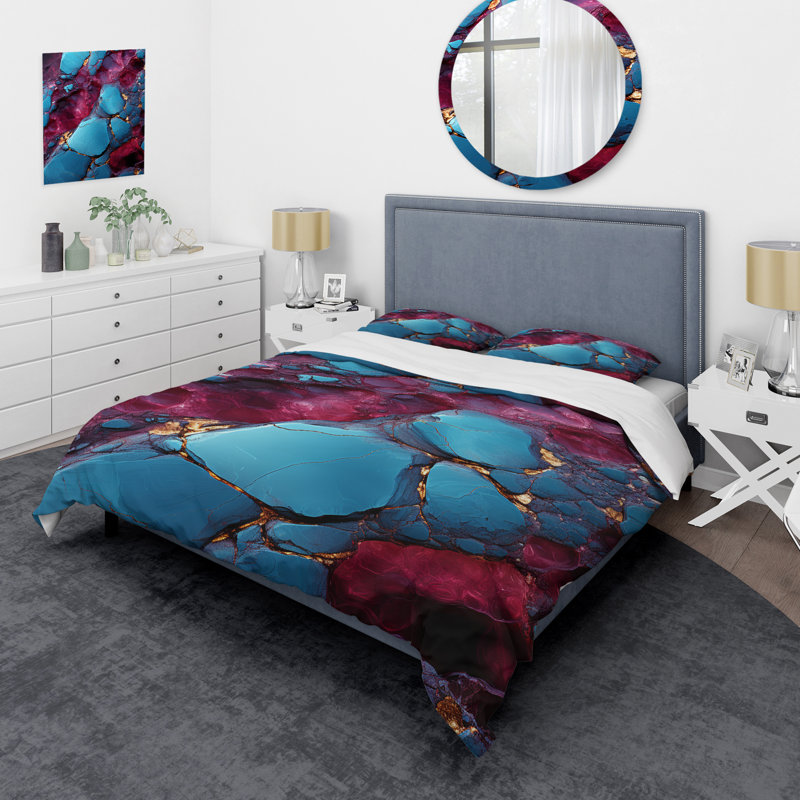 Ensemble de housse de couette bleu et mauve sans soudure Marble River II - formes modernes abstraites