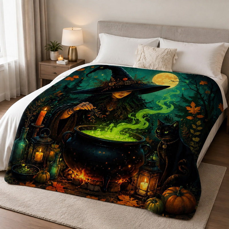 Couverture « Potion de sorcière mystique », jeté de lit à motif de forêt enchanteresse, linge de lit douillet en peluche toutes saisons pour canapé, salon, chambre à coucher, décoration intérieure