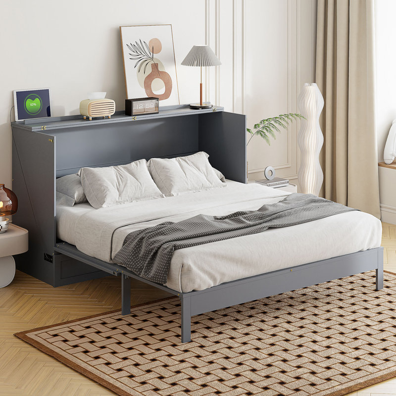 Lit escamotable avec grands tiroirs Murphy, Gris, Grand lit