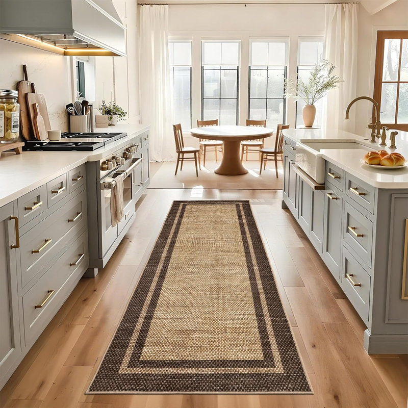 2x6 Washable Neutral Runner Rug – Minimalist Bordered Print, Non-Slip TPR Backing, Soft Thin Mat for Entryway, Kitchen (Black)