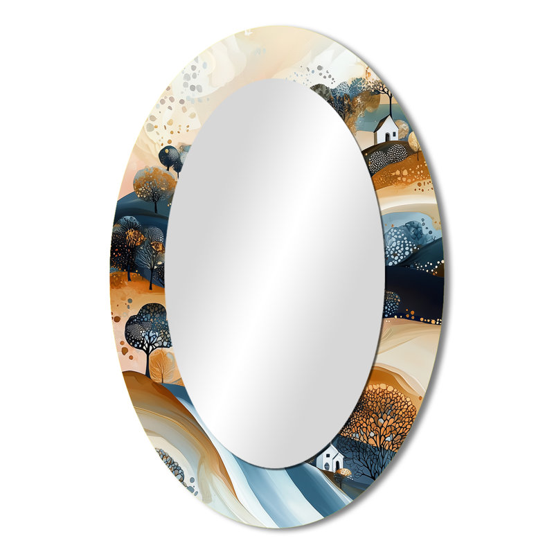 Beige et bleu Minimalisme Explosion Landscape I - Miroir mural moderne ovale, 36 po x 24 po