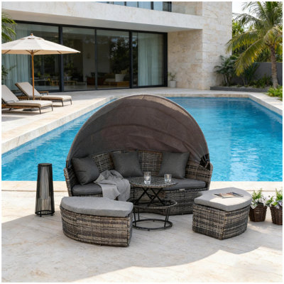 Élégant ensemble de meubles de patio convertible, ensembles de conversation pour meubles d'extérieur, lit de jour rond en rotin 4 pièces