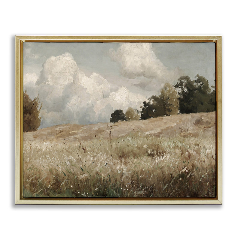 Paysage classique de champ nuageux, H 17 po x l 21 po, Cadre flottant métallique doré