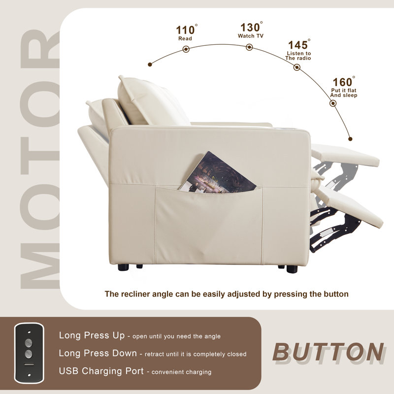 Canapé modulaire inclinable électrique en cuir véritable blanc avec rampe carrée réglable, 2-Seater