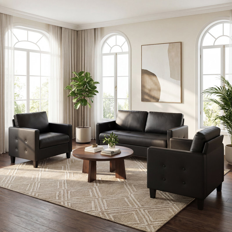 Comfy Faux Leather Living Room Set With USB Ports, 3 Pcs: 2 Chairs, Loveseat