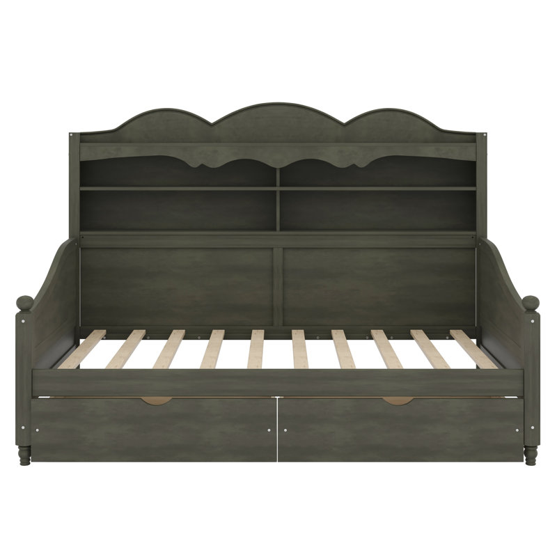 Retro Daybed with Under-Bed Storage Drawers and Headboard Shelving, Perfect for Bedroom, Living Room and Guest Room