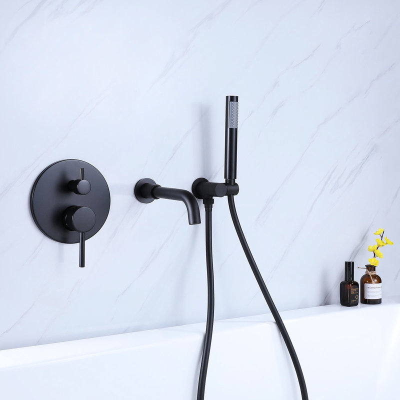 Robinet de douche et baignoire mural noir mat avec 2 poignées - Matériau en laiton, - Valve équilibrée, Douche à main, Rouille, Nickel, Débit GPM, Comprend des vis à clips de fixation 2 - Laiton massif, - Équilibré,