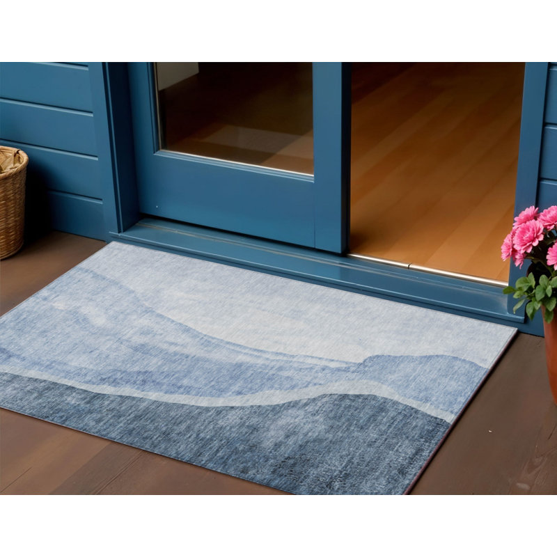 HomeRoots 3' X 5' Navy Blue And Sky Blue Abstract Washable Indoor Outdoor Area Rug