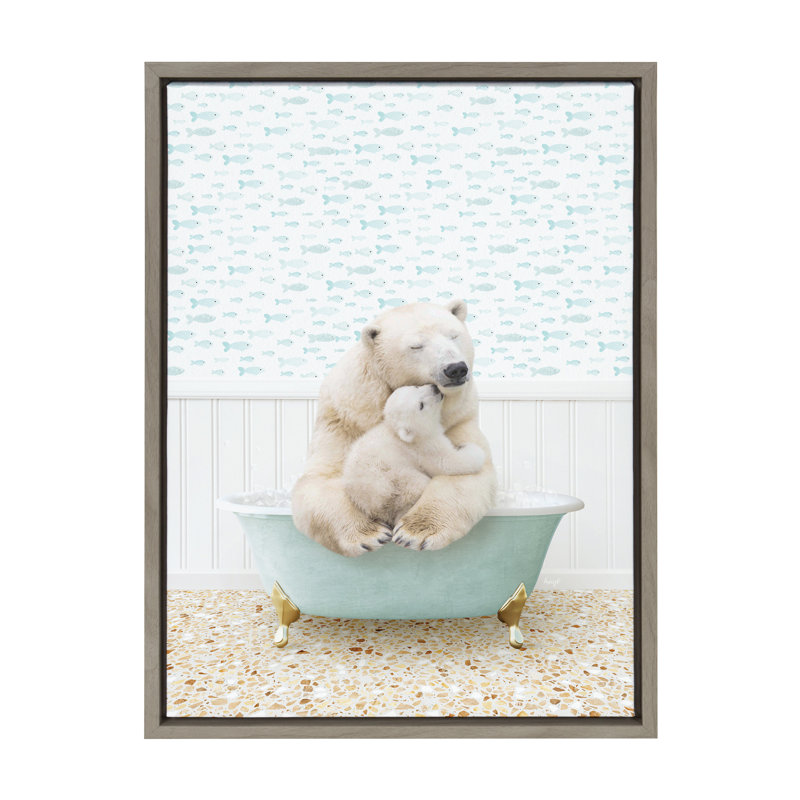 "Mère et bébé ours polaire dans un petit bain de poisson" par Amy Peterson, reproduction d'art sur toile encadrée