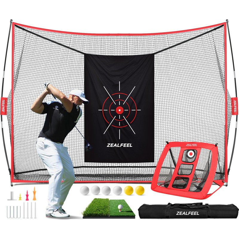 Filet de golf Zealfeel, filet de pratique de 10 pi x 7 pi avec filet à copeaux, tapis pliable, cible en soie, 8 tés, 6 balles, sac de transport, filets de golf pour la cour arrière
