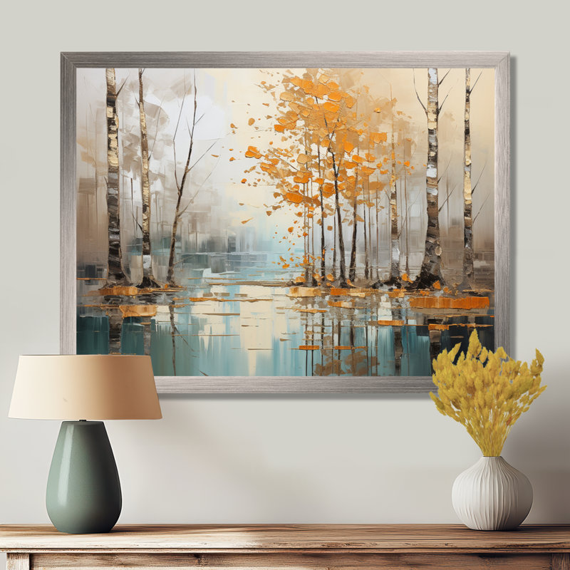 «Birch Woods Golden Reflections I - Tree Birch», art mural encadré, H 30 po x l 40 po x P 1,5 po, Cadre simple argenté