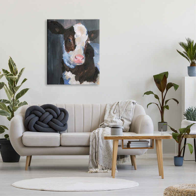 Smiley posant une vache dans une ferme de bovins, peinture d'animaux, H 30 po x l 40 po, Toile tendue