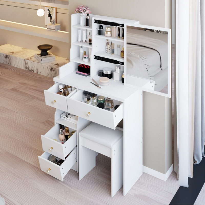 Table de coiffeuse 29,2 po avec tiroir à gauche avec tabouret rembourré, rangement multi-couches grande capacité, commode pratique