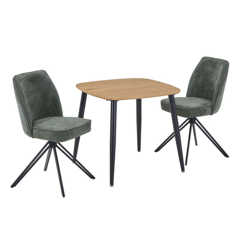 Aspen 2-Piece Casual Dining Set - Compact Square Table & 2 Swivel Upholstered Dining Chairs, Green, Light Oak