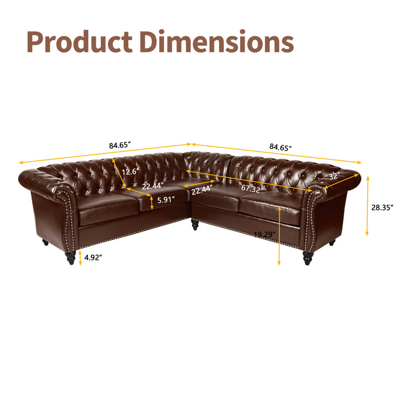 Faraaz Upholstered Faux Leather Chesterfield Sectional, Brown
