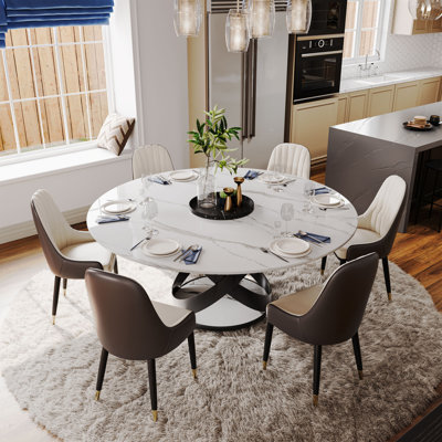 Suzzie 5/7 Pieces Modern Round Dining Table Sets, Glossy Sintered Stone Dining Table With PU Upholstered Chairs