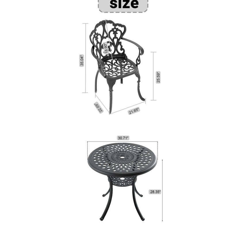 Confortables chaises de patio en fonte d'aluminium et table ronde avec coussins - meubles noirs à motifs rectangulaires exquis