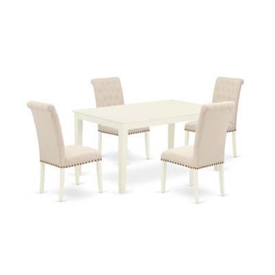 5 Piece Dinette Set for 4 Includes a Rectangle Dining Room Table and 4 Light Beige Linen Fabric Upholstered Parson Chairs, 36x60 Inch, Linen White