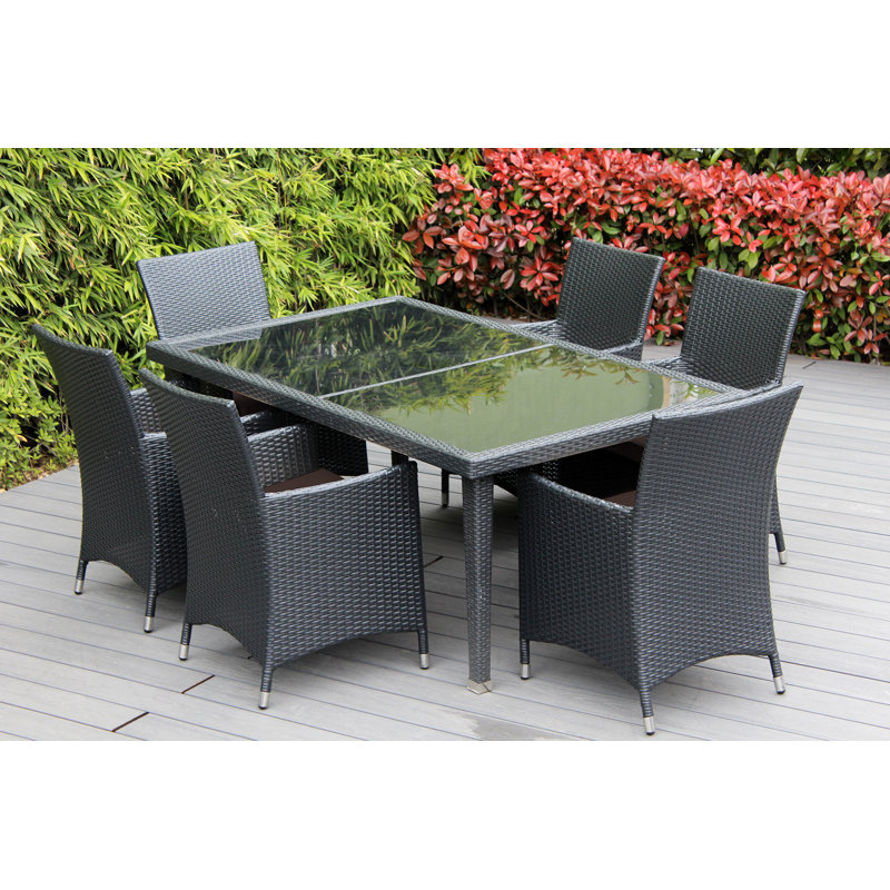 Pavior 6 - Person Wicker Patio Dining Set with Rectangular Table , Cushions Included, Canvas Aruba Sunbrella® Canvas, Black