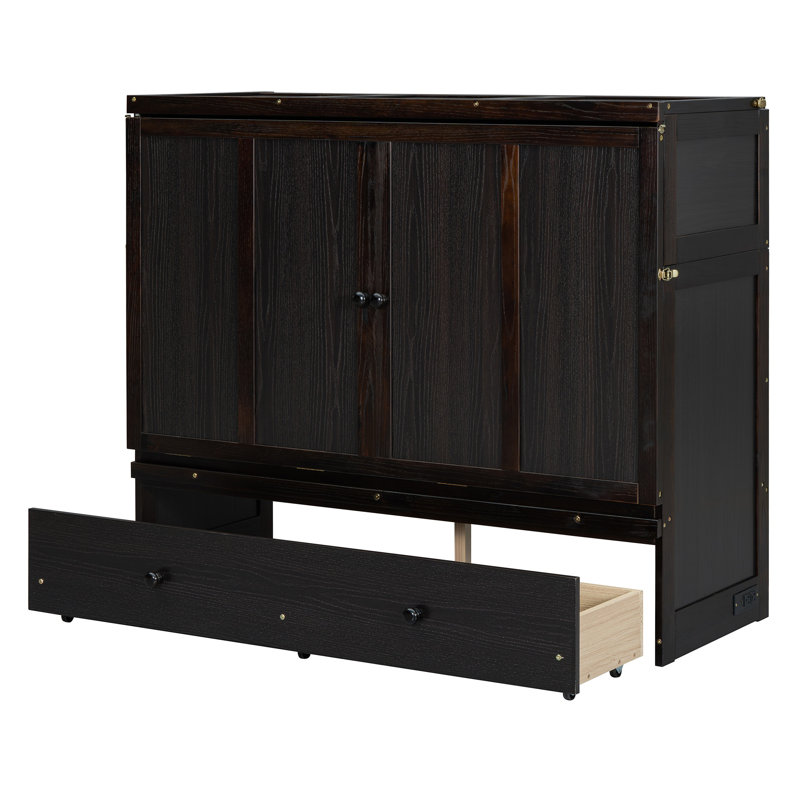 Lit escamotable double avec ports USB et grand tiroir, armoire-lit peu encombrante avec structure en bois massif, espresso