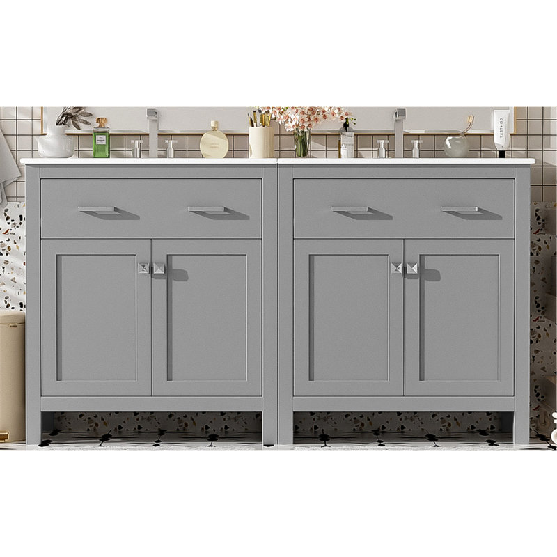 Armoire de salle de bain à double vasque en gris moderne, avec tablette réglable et charnières à fermeture en douceur - Luxueux lavabos en céramique à hauteur réglable