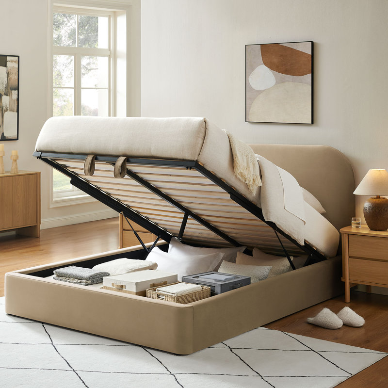Structure de lit plateforme en velours Doron King Performance, Très grand lit, Taupe