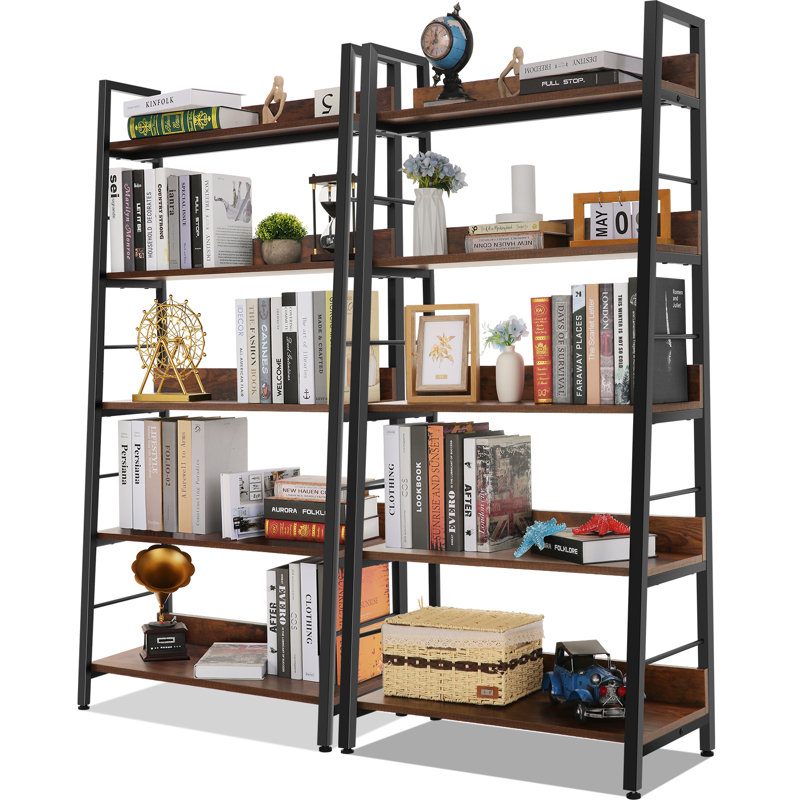 Hasnath Ladder Bookcase, (5 Shelves) 59” H x 28” W x 14” D, Black/Brown