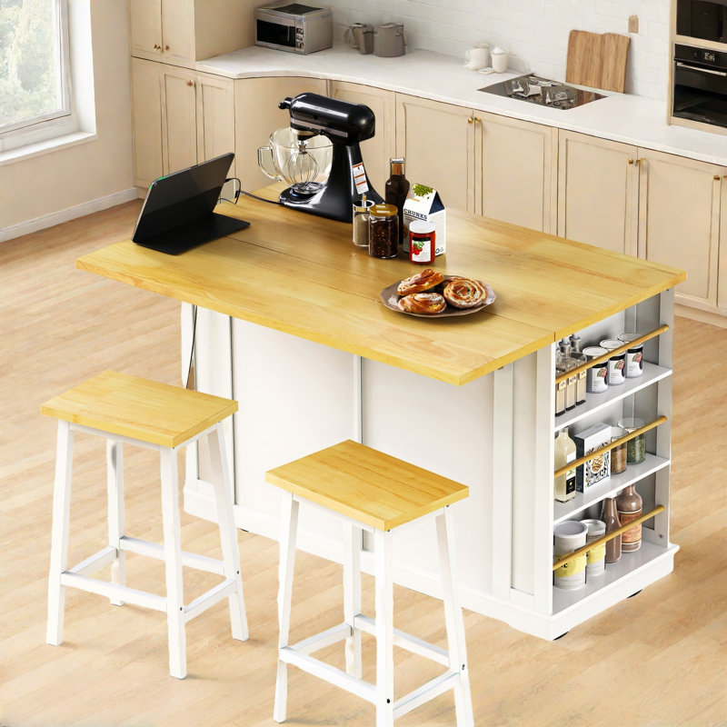 Large Rolling Kitchen Island With Drop Leaf, Power Outlet, Internal Storage Racks, 5 Open Side Racks, 2 Drawers, An Adjustable Shelf