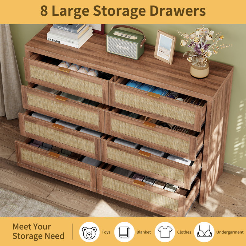 8-Drawer Rattan Dresser with Rolling Wheels, Walnut