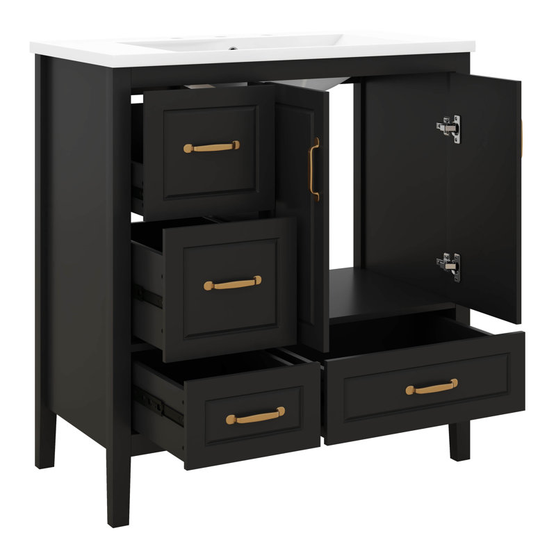 Meuble-lavabo 36 po avec lavabo, meuble-lavabo autoportant avec 4 tiroirs à fermeture en douceur et 1 armoire, poignées en métal