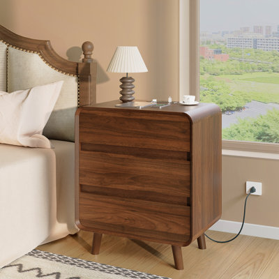 Angela Wood 3 Drawers Nightstand Set of 2 with Charging Station, Bed Side Table Set of 2 with Charging Station, Round Corner Wood Night Stand, 15.7"D x 23.6"W x 27.7"H