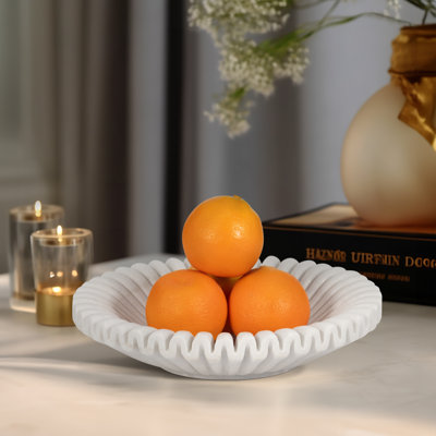 Modern Round Sculptural Marble Pleated Bowl for Home Decor - Elegant Decorative Accent Bowl for Contemporary Tabletop Display - White