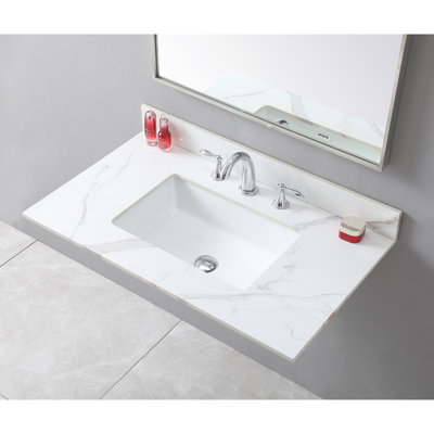 Comptoir de meuble-lavabo en pierre frittée 37 po, lavabo rectangulaire encastré en céramique, 3 trous de robinet, avec dosseret inclus