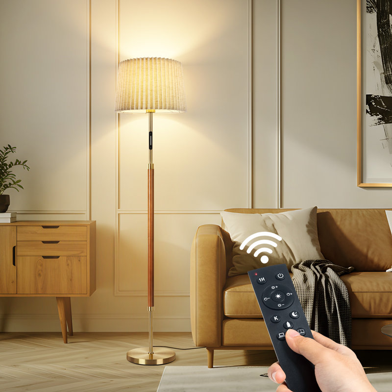Lampe sur pied 61,4 "en bois massif et métal avec télécommande, Brun