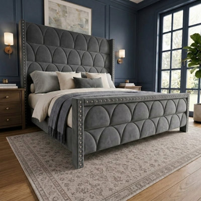 56" Velvet Upholstered Wingback Bed