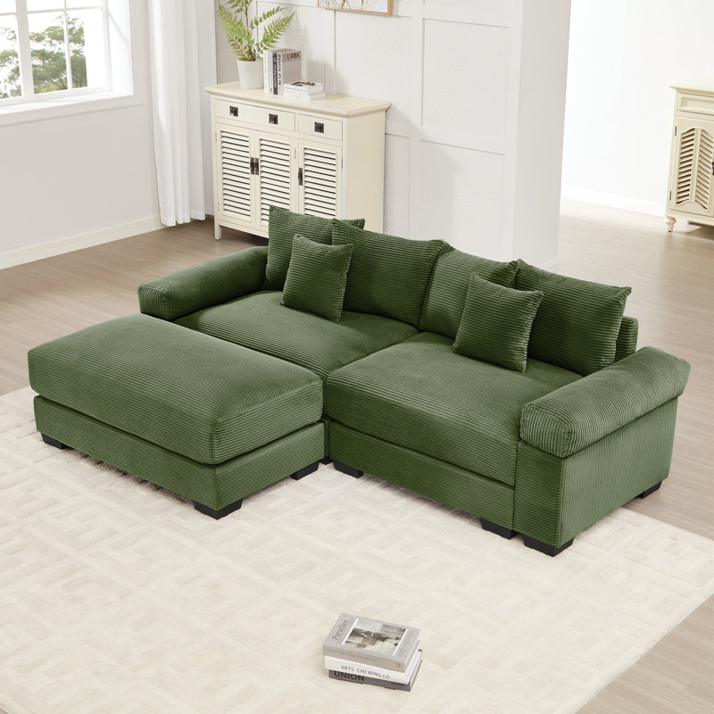 Finnell L-Shaped Corduroy Upholstered Sectional Sofa with Ottoman & Throw Pillows, Green Corduroy