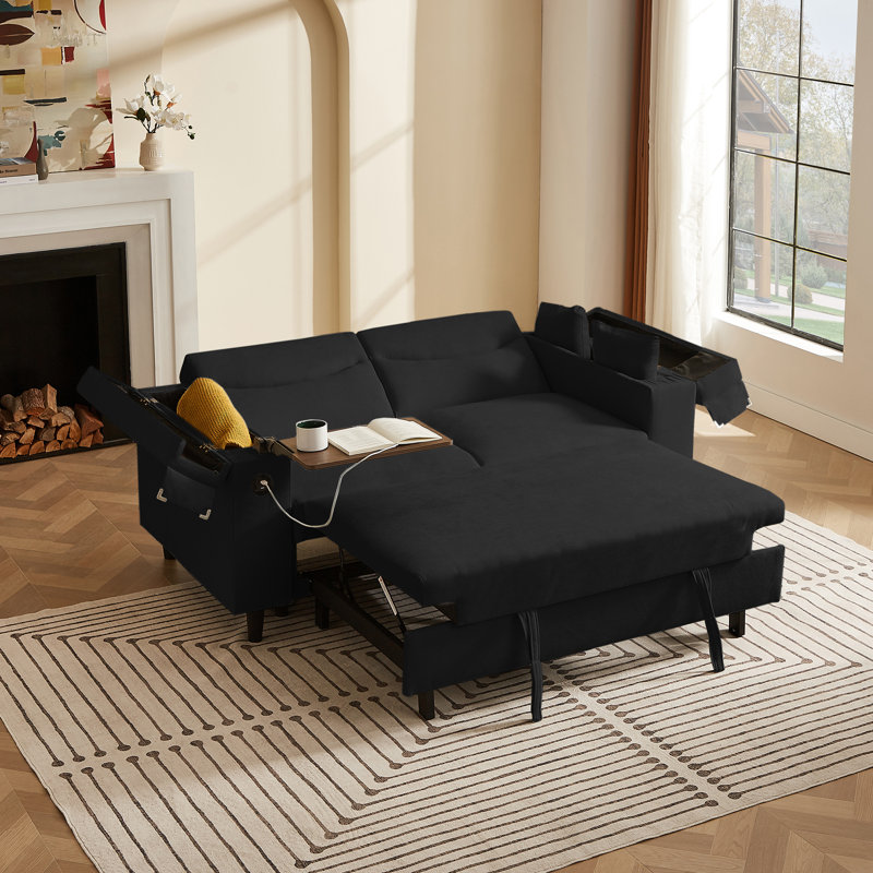 Canapé-lit convertible en chenille noir avec table d'appoint et port USB, pour la vie moderne et l'hôtellerie., Noir